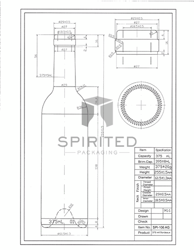 Data sheet for 375ml Bordeaux bottle, Antique Green - SPI-106 AG