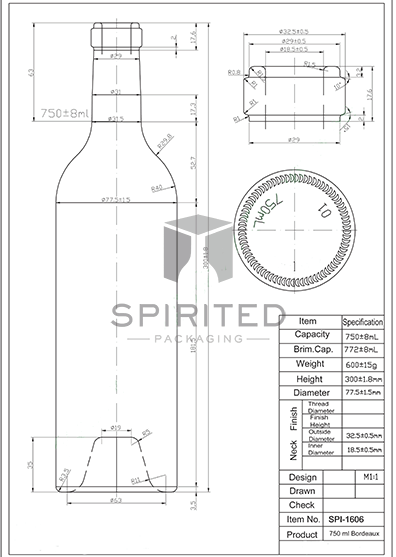 Data sheet for Claret/Bordeaux Wide Drip Ring wine bottle, Antique Green - SPI-1606 AG