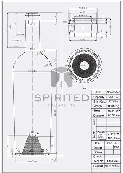 Data sheet for Premium Heavy Reverse Taper Claret/Bordeaux wine bottle, Antique Green - SPI-1316 AG