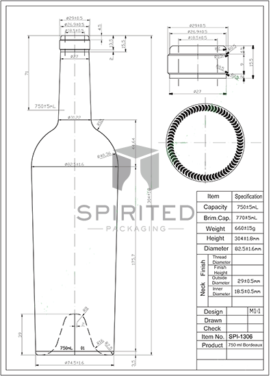 Data sheet for Reverse Taper Claret/Bordeaux wine bottle, Antique Green - SPI-1306 AG