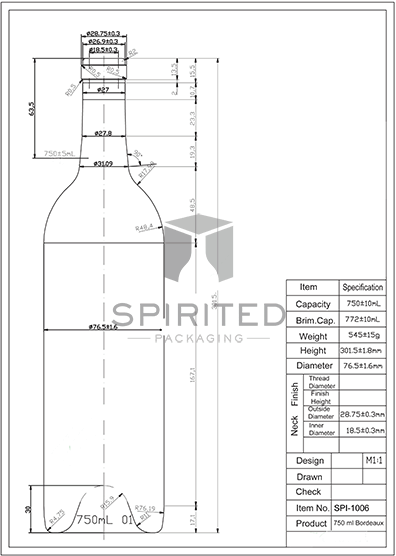 Data sheet for Standard Claret/Bordeaux wine bottle, Flint - SPI-1006 FL