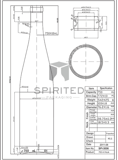 Data sheet for Standard Hock wine bottle, Antique Green - SPI-3006 AG