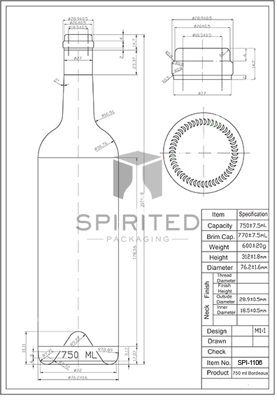 Data sheet for Tall Claret/Bordeaux wine bottle, Flint - SPI-1106 FL
