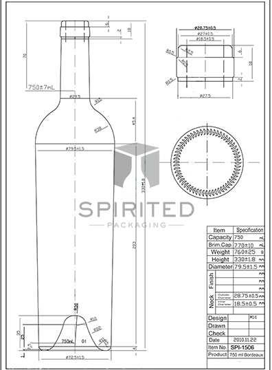 Data sheet for Tall Reverse Taper Claret/Bordeaux wine bottle, Antique Green - SPI-1506 AG