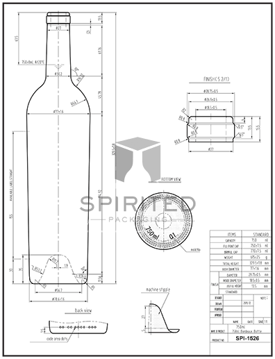 Data sheet for Tall Tapered Claret/Bordeaux wine bottle - SPI-1526 AG